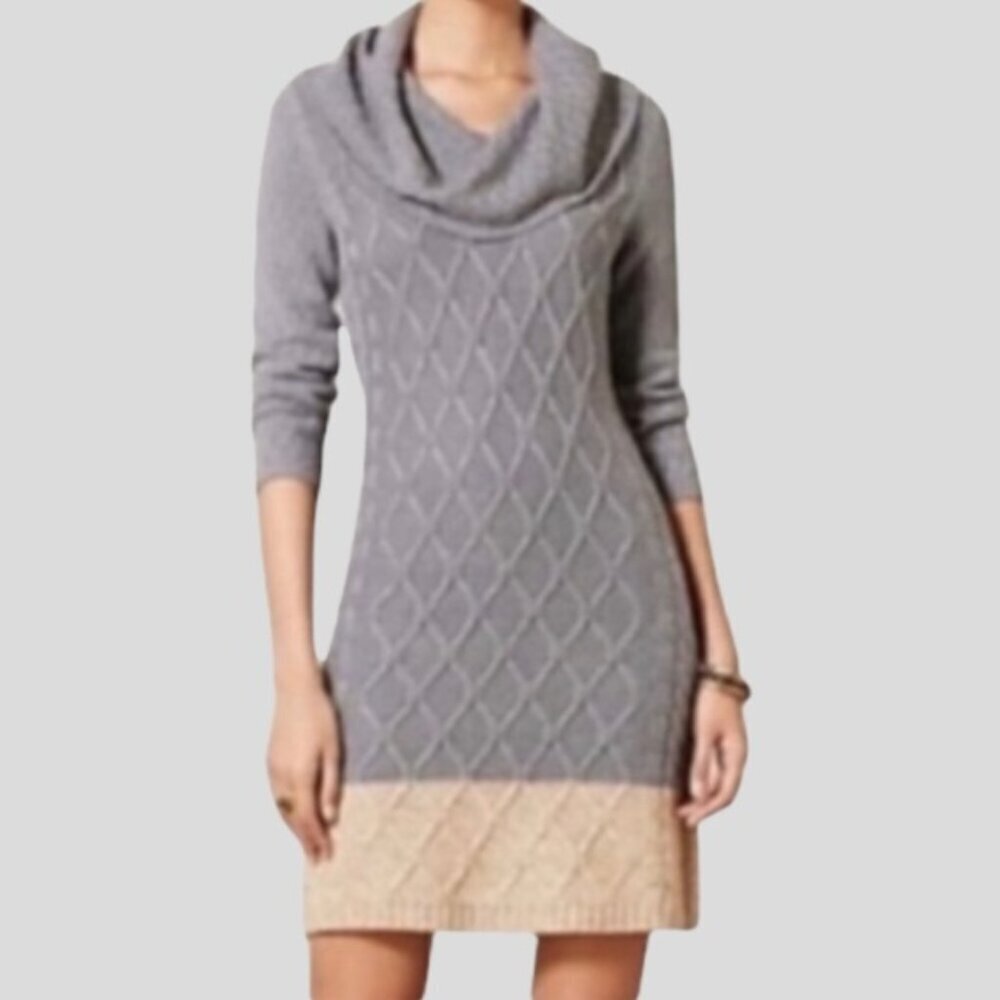 Sparrow Anthropologie Chunky Knit Cowlneck Sweater Dress Gray Tan S